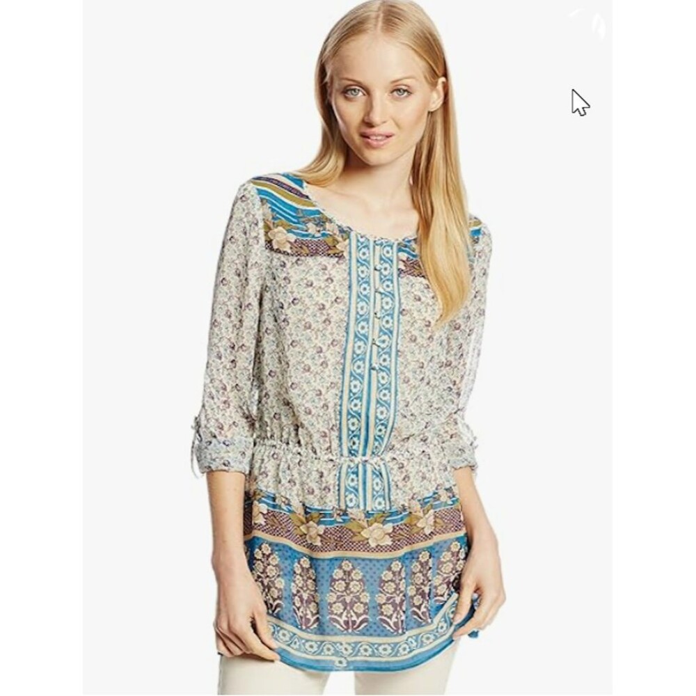 Lucky Brand Blouse M Multicolor Print Top Ivory Teal Purple Semi Sheer Boho
